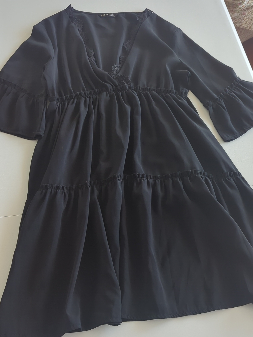 Women's Black Tiered Dress with Lace Trim